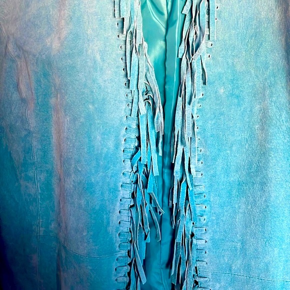 Turquoise Blue suede jacket with fringe trim M - Picture 2 of 4